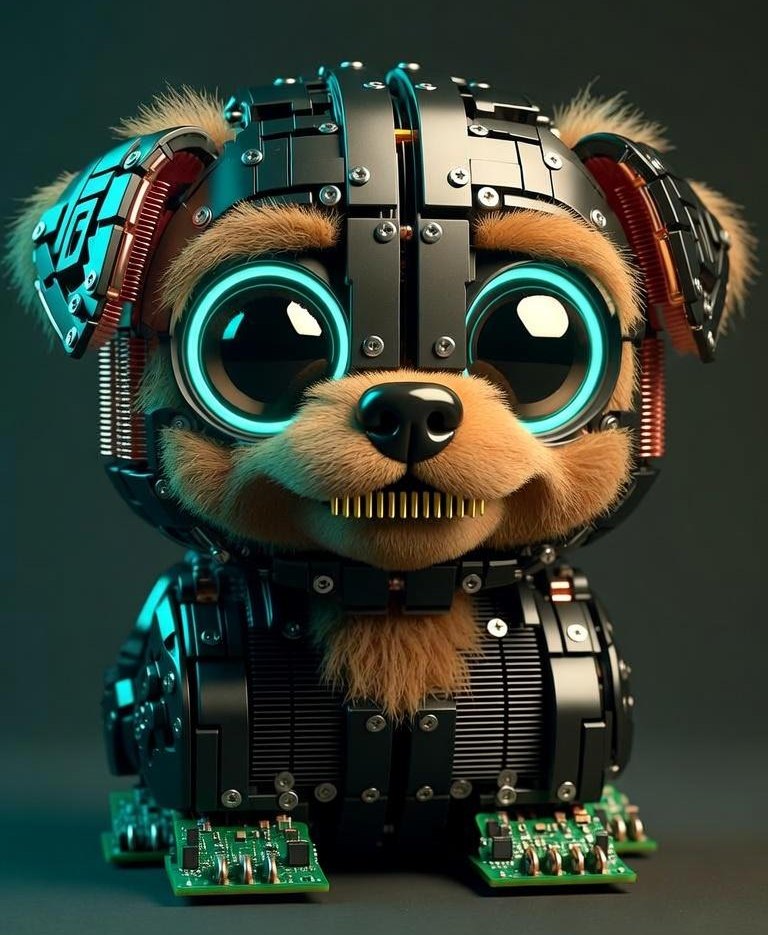 GPU Pup, a fluffy puppy built from a black graphics card, with glowing teal fan eyes, copper heat-pipe ears, gold connector teeth and circuit-board paws